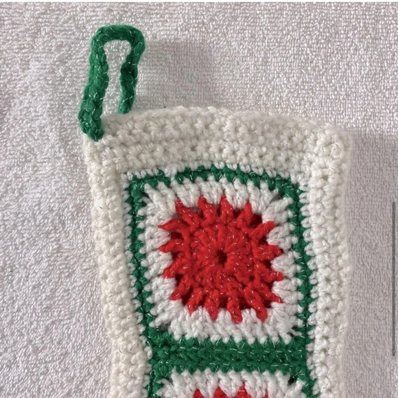 Vintage Handmade Crochet Red  White Green Granny Square Christmas Stocking - Picture 6 of 11